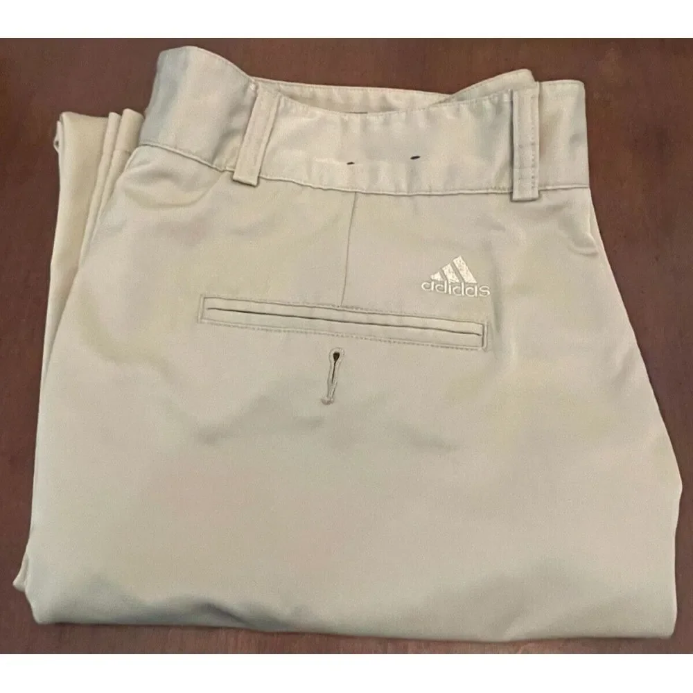 Adidas Clima-lite Golf Pants Mens Size 36x32 Black Flat‎ Front Beige Logo